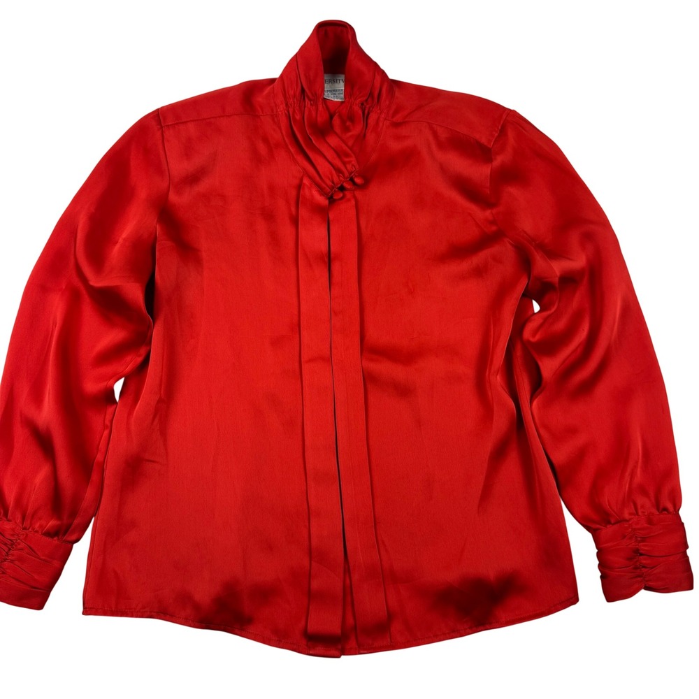 VTG Diversity Red Satin Blouse Womens 8P Long Sleeve Ruched Cuff High Neck Top